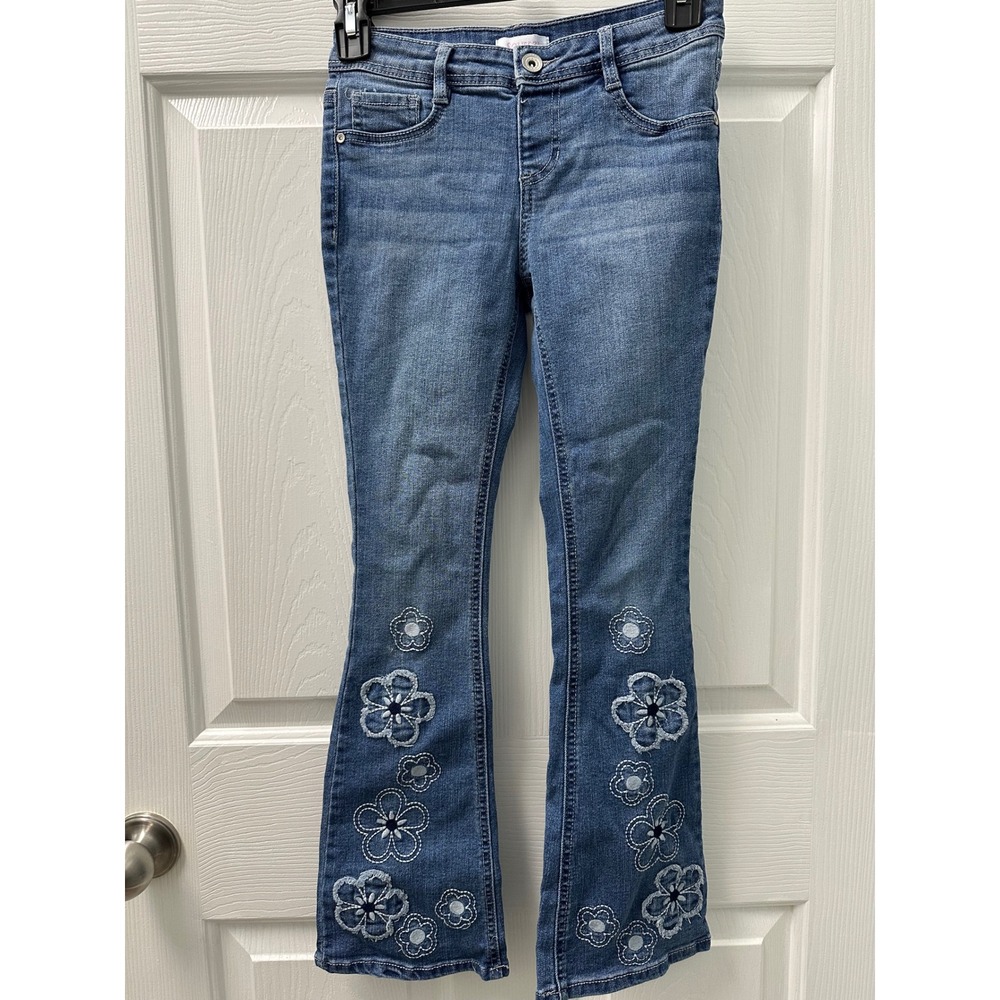 Squeeze Girls Blue Floral Embroidered Flare Jeans Size 10 Boho Denim Pants